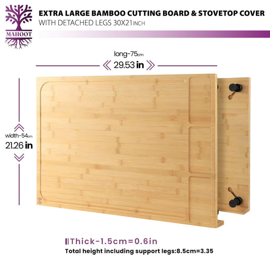 Extra Large Bamboo Cutting Board – Multi‑Purpose Noodle Board & Stove Cover with Detachable Legs, Deep Juice Groove, Butcher Block & Charcuterie Serving Tray for Kitchen or Restaurant, 30 x 21 in