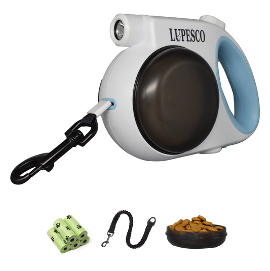 Retractable Dog Leash – 13ft Tangle-Free Lead with Bungee Extender, LED Flashlight, Dual Bowls for Food & Water, Poop Bag Dispenser